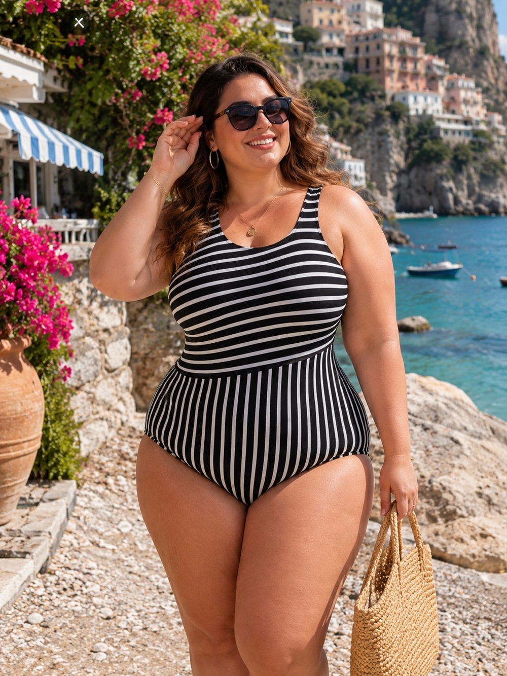 Lands' End Women's Black & White Striped One Piece Swimsuit 18